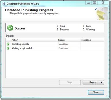 Database Publishing Wizard - Publishing Progress
