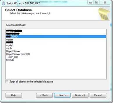 SQL Server Generate Script Wizard - Select Database