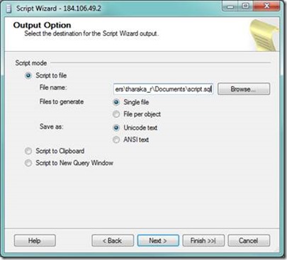 SQL Server Generate Script Wizard - Output Option