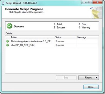 SQL Server Generate Script Wizard - Script Progress